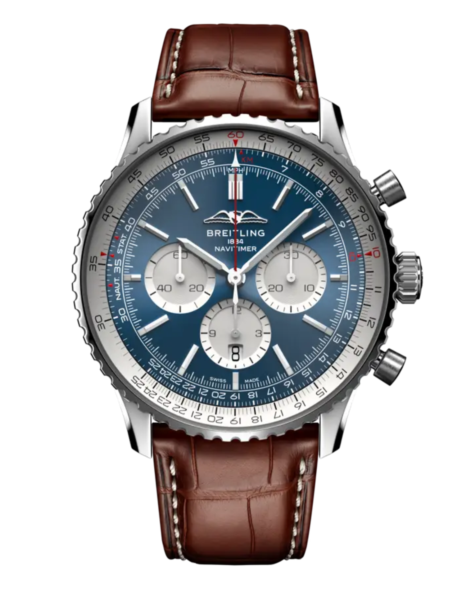 A Breitling Navitimer wristwatch with a blue dial, three sub-dials, silver case, and brown leather strap.
