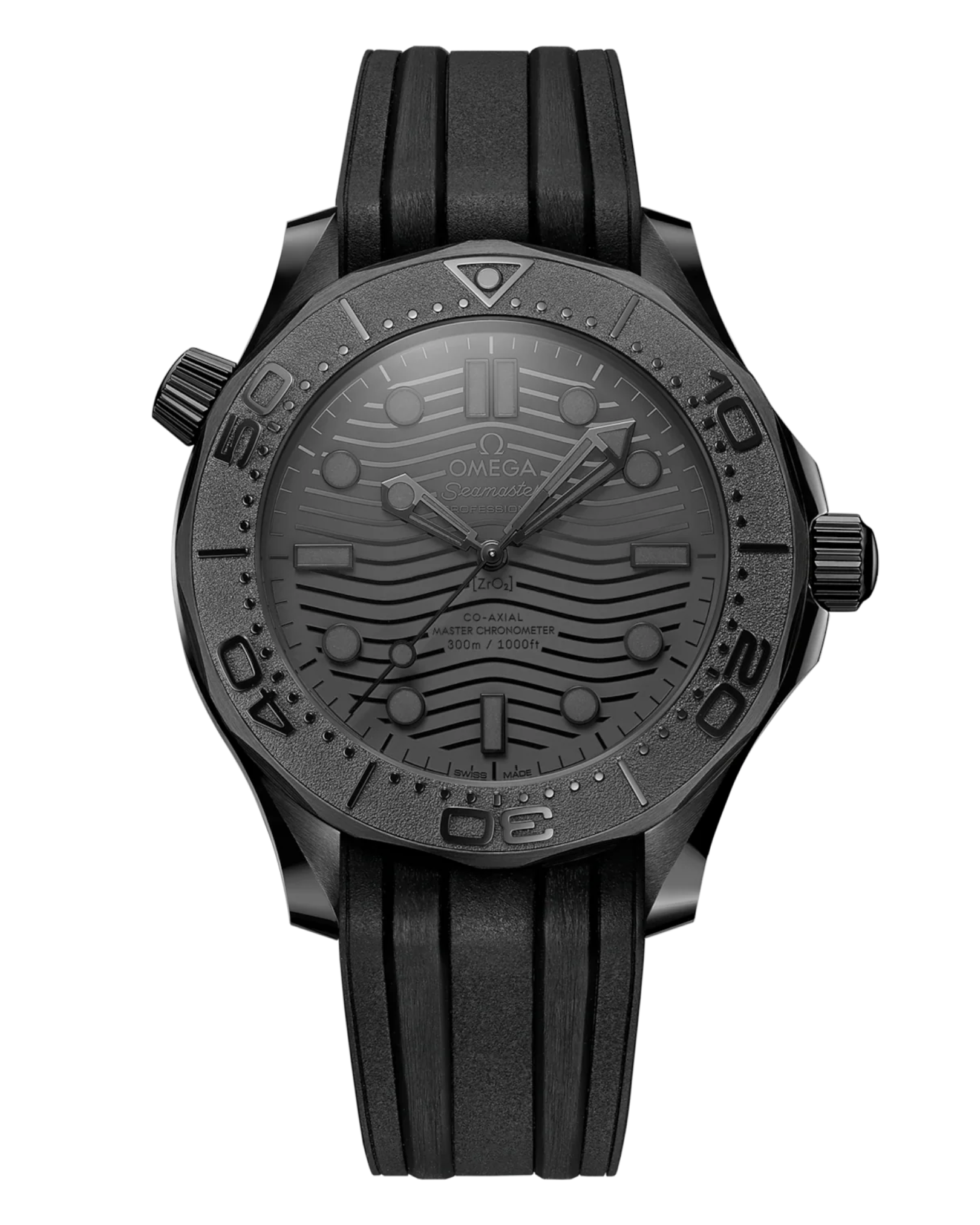 Black Omega Seamaster diving watch with wave-pattern dial, rotating bezel, and rubber strap.
