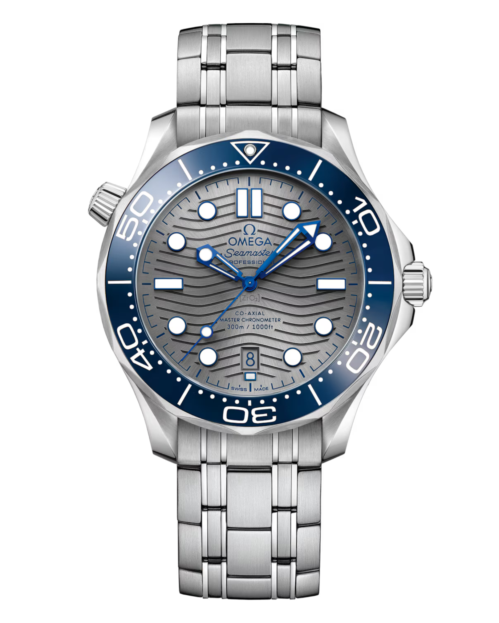 Omega Seamaster diving watch with a silver strap, blue bezel, and a gray dial with wave pattern, displaying time and date.