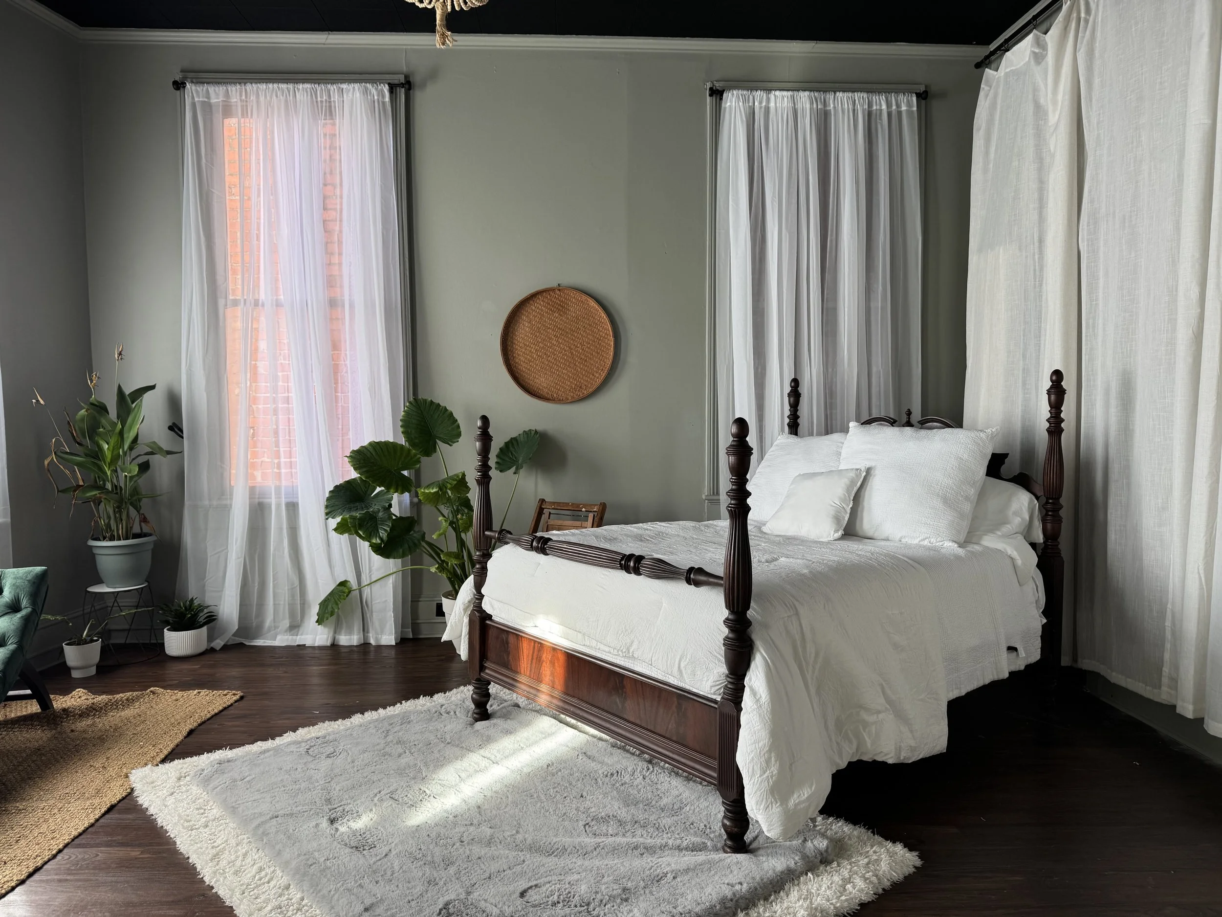 Natural light streaming through sheer curtains in the main shooting room at Bay Street Studios, photography studio rental in historic downtown Beaufort SC