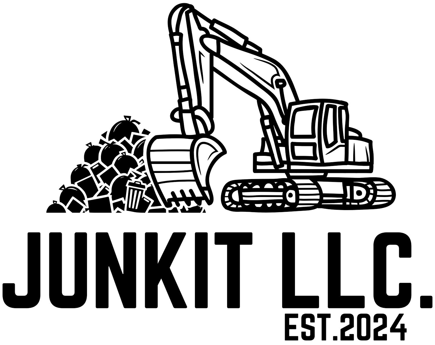 Line art of an excavator digging into a pile of rubble, with the text 'JUNKIT LLC. EST. 2024' below.