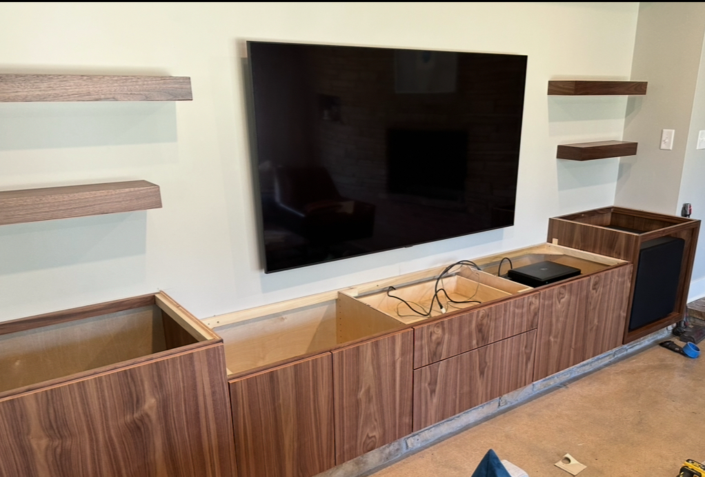 wooden entertainment center & shelves
