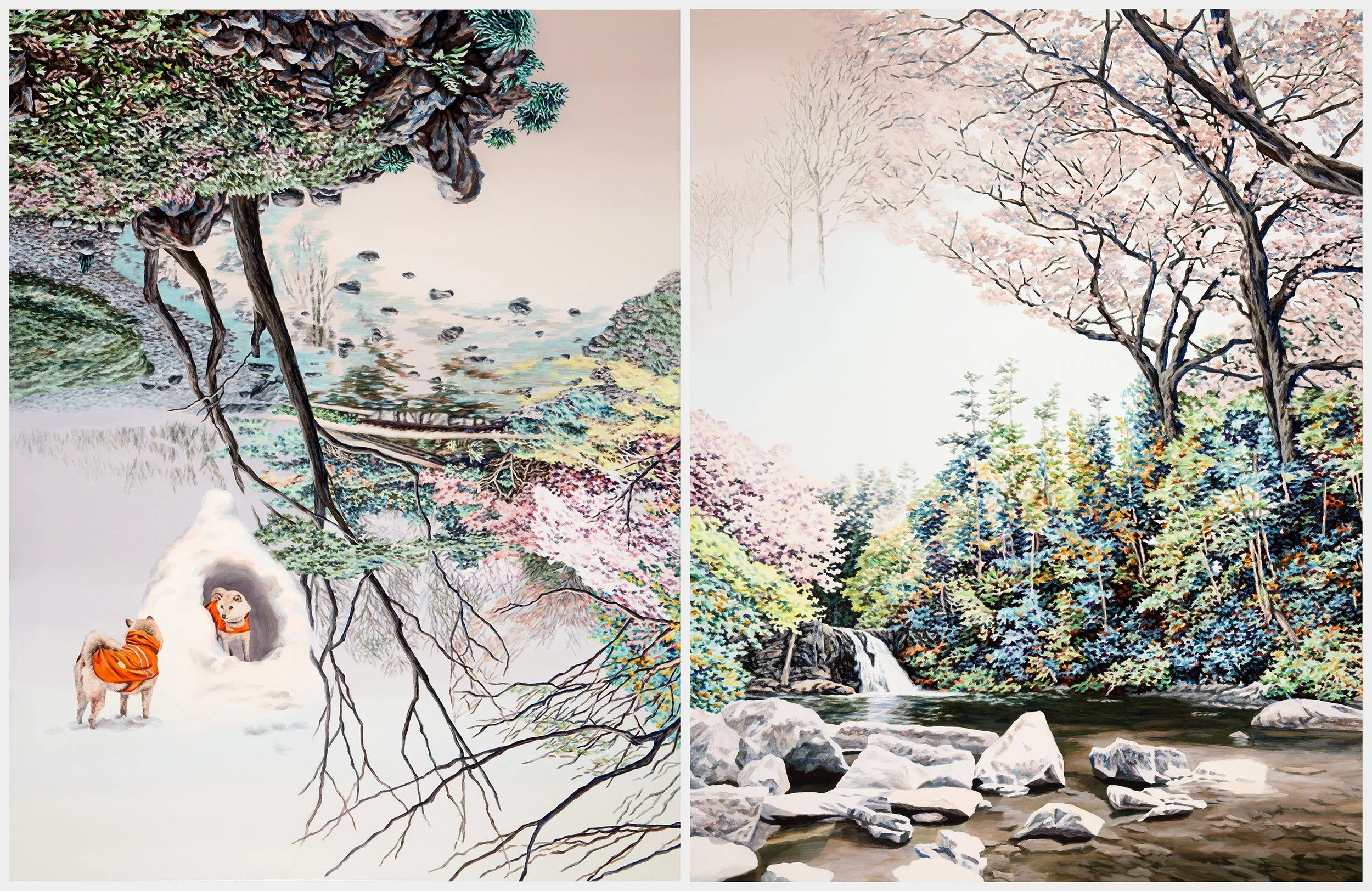 Follow Forever 2024, oil on linen, 179 x 286 cm (diptych, each panel 179 x 138 cm)
