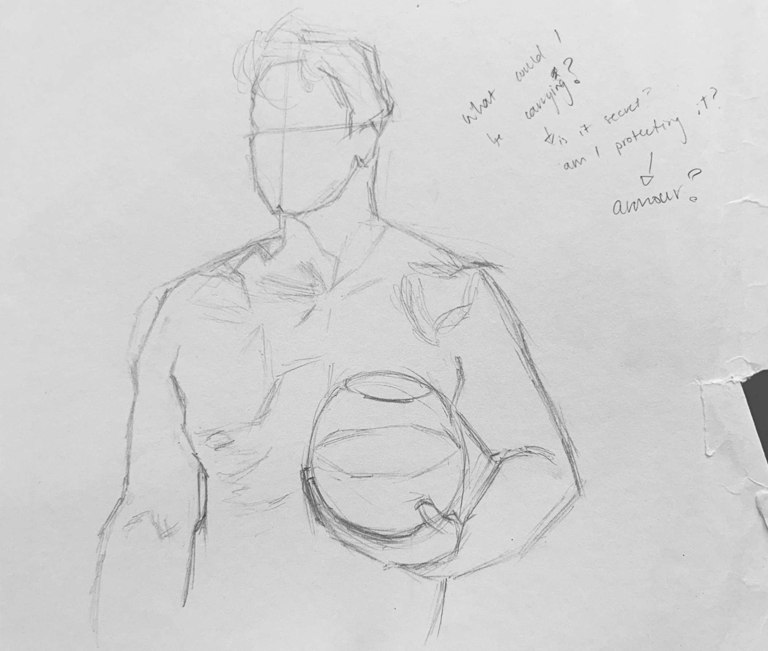 Sketch of a muscular person holding a glass bowl of water, with handwritten questions and comments about what they are carrying, whether it is secret, and if they are prototyping it.