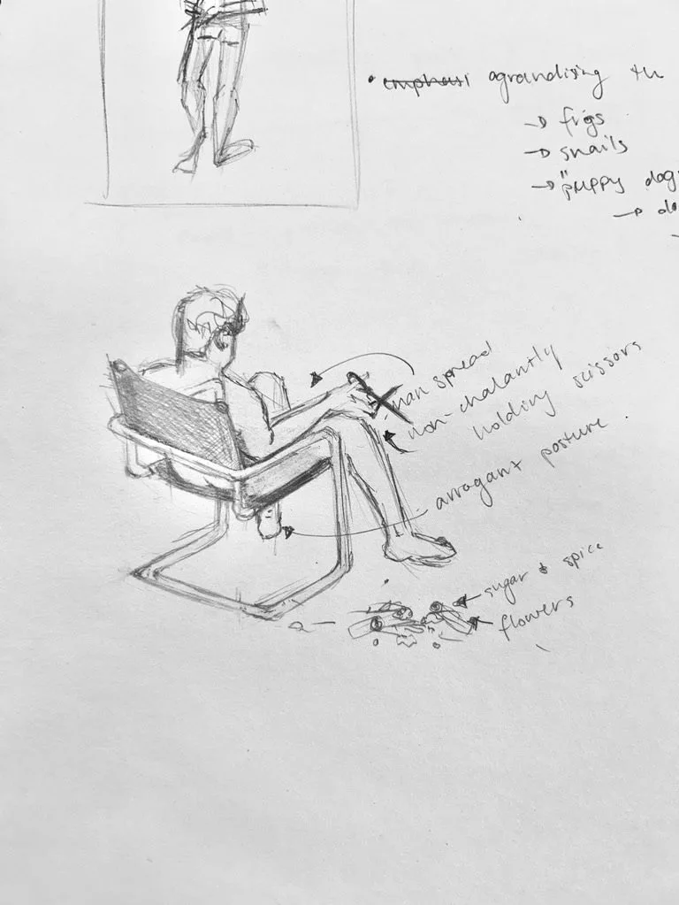 Sketch of a person sitting on a chair, holding scissors, with handwritten notes around detailing their posture and surroundings, including mention of sugar, spice, flowers, and elements of relaxed demeanor.