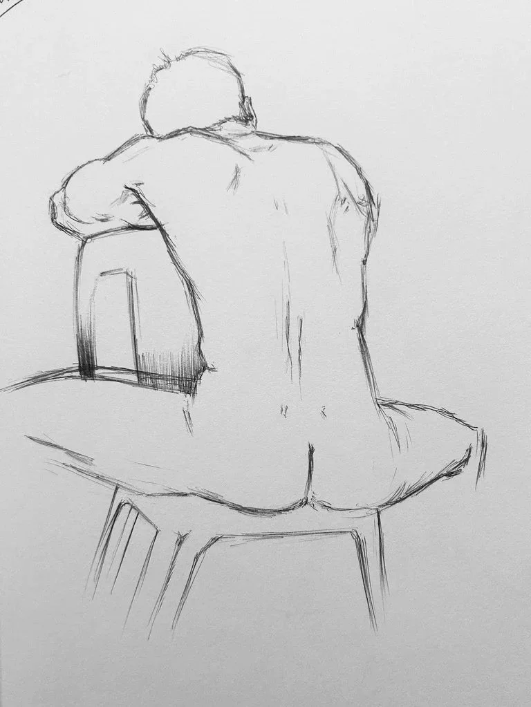Line drawing of a nude person with their back turned, sitting on a chair with one arm resting on a surface and their head slightly bowed.