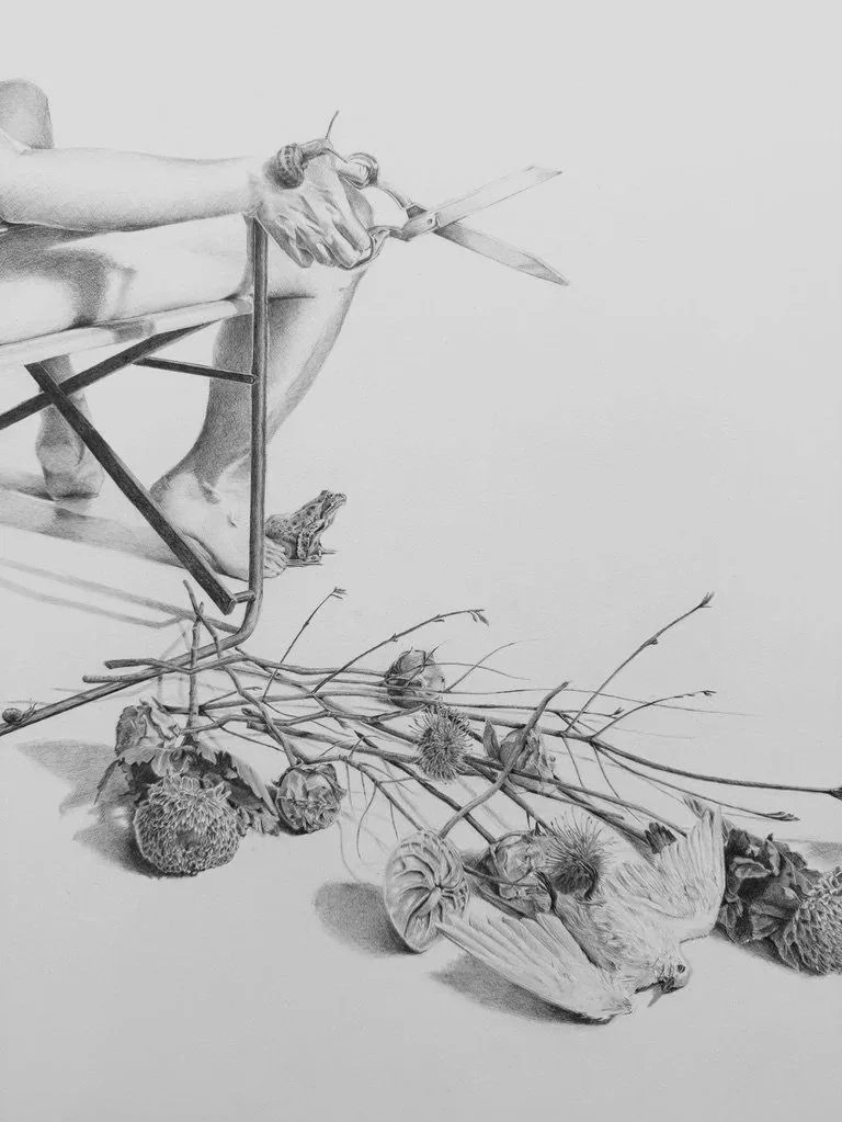 The Cut (What Are Little Boys Made Of?) [Detail]. 2025. Graphite on paper. 101.6 x 64.8 cm.