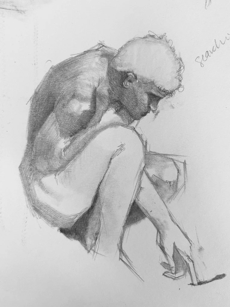 Sketch of a person sitting with their knees bent and head bowed, with one arm resting on their knees and the other arm extended downward, in a contemplative pose.