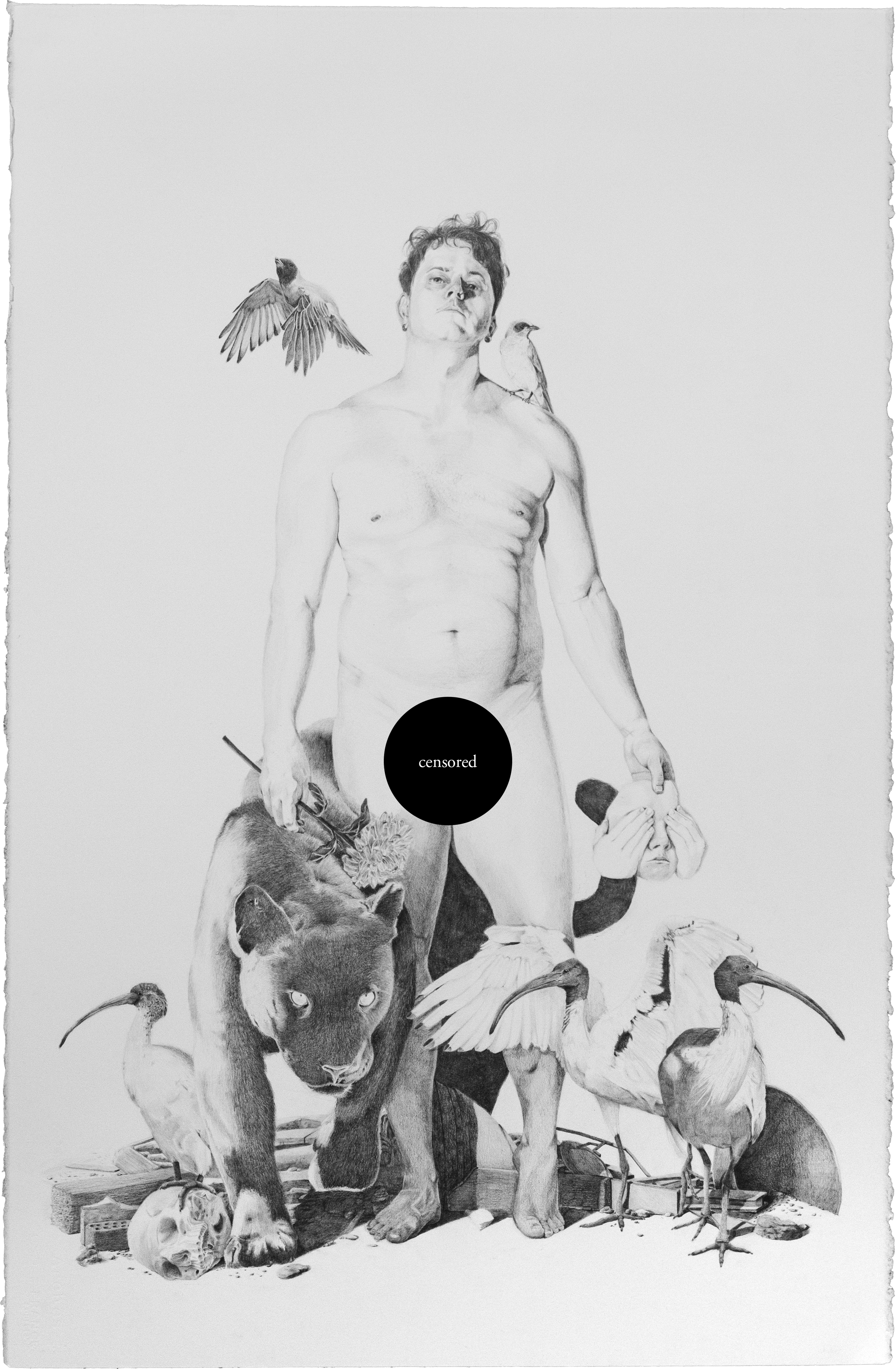 All My Secrets Are Ghosts Now [censored]. 2025. Graphite on paper. 101.6 x 64.8 cm.