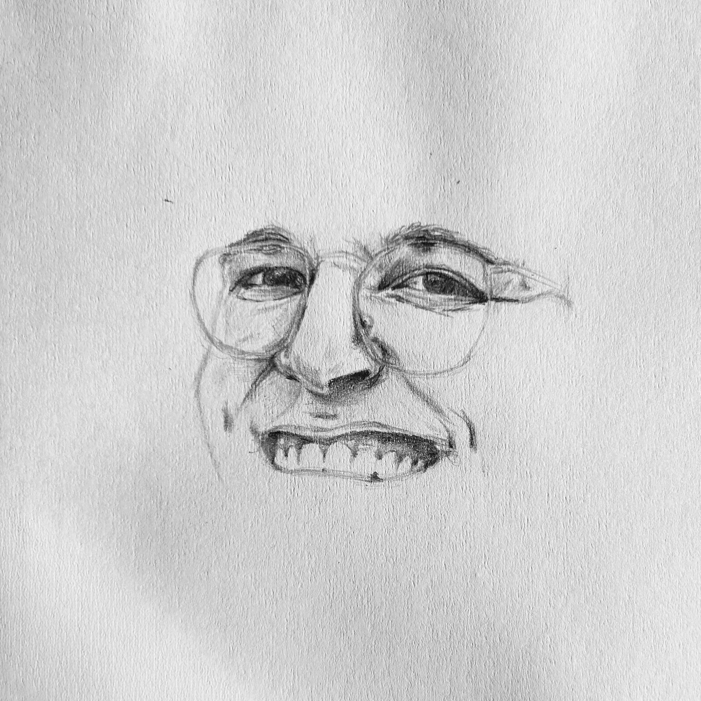 A pencil sketch of a smiling person with glasses and missing teeth.