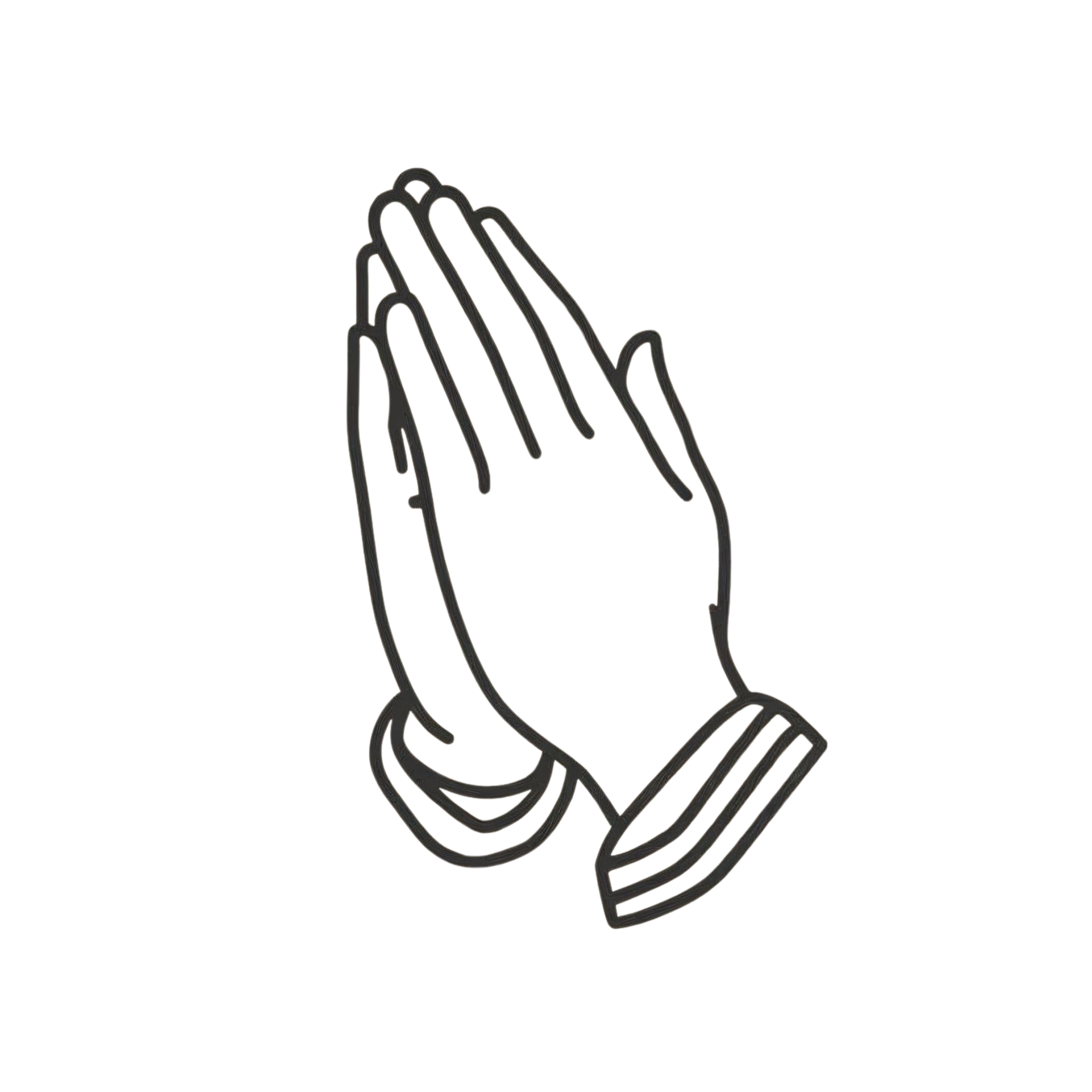 Outline drawing of two hands pressed together in a prayer or greeting gesture.