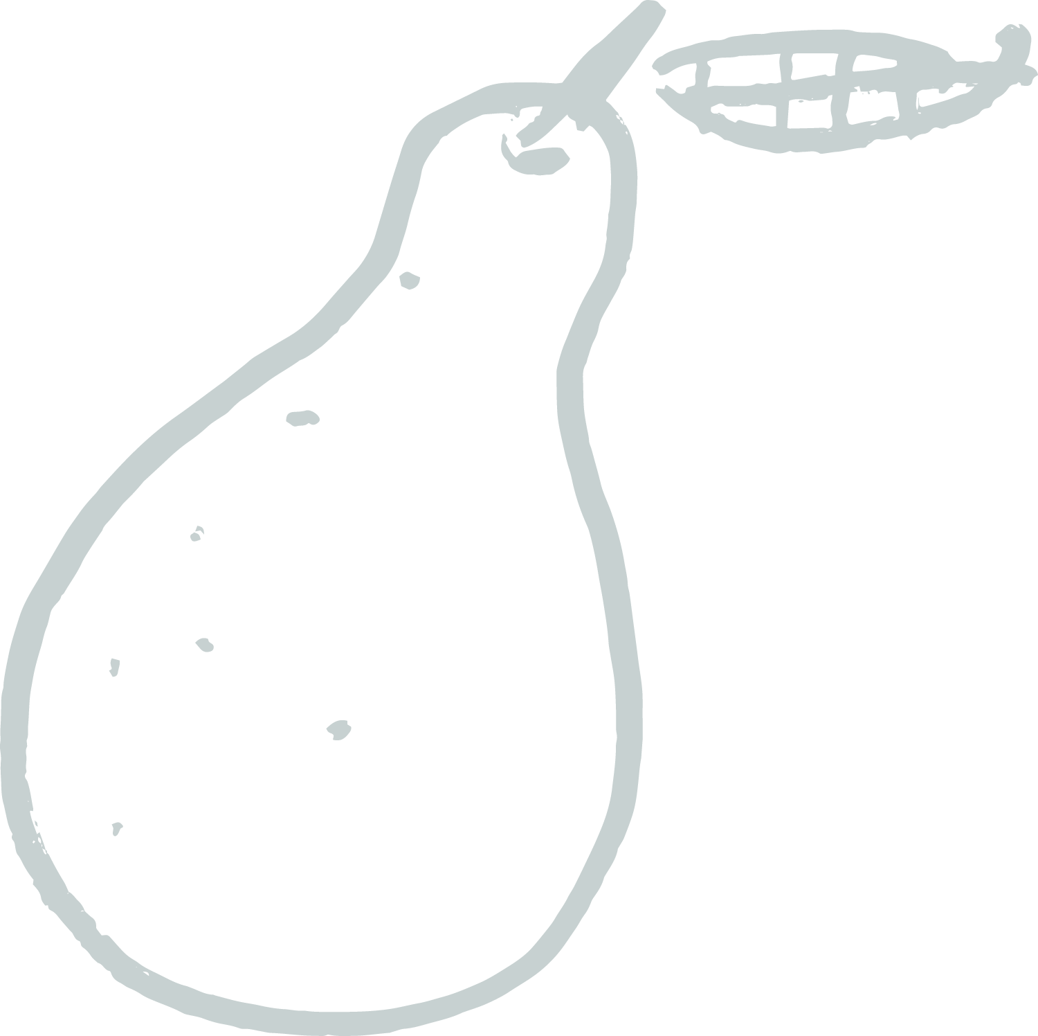 Line drawing of a pear with a leaf attached to the top.