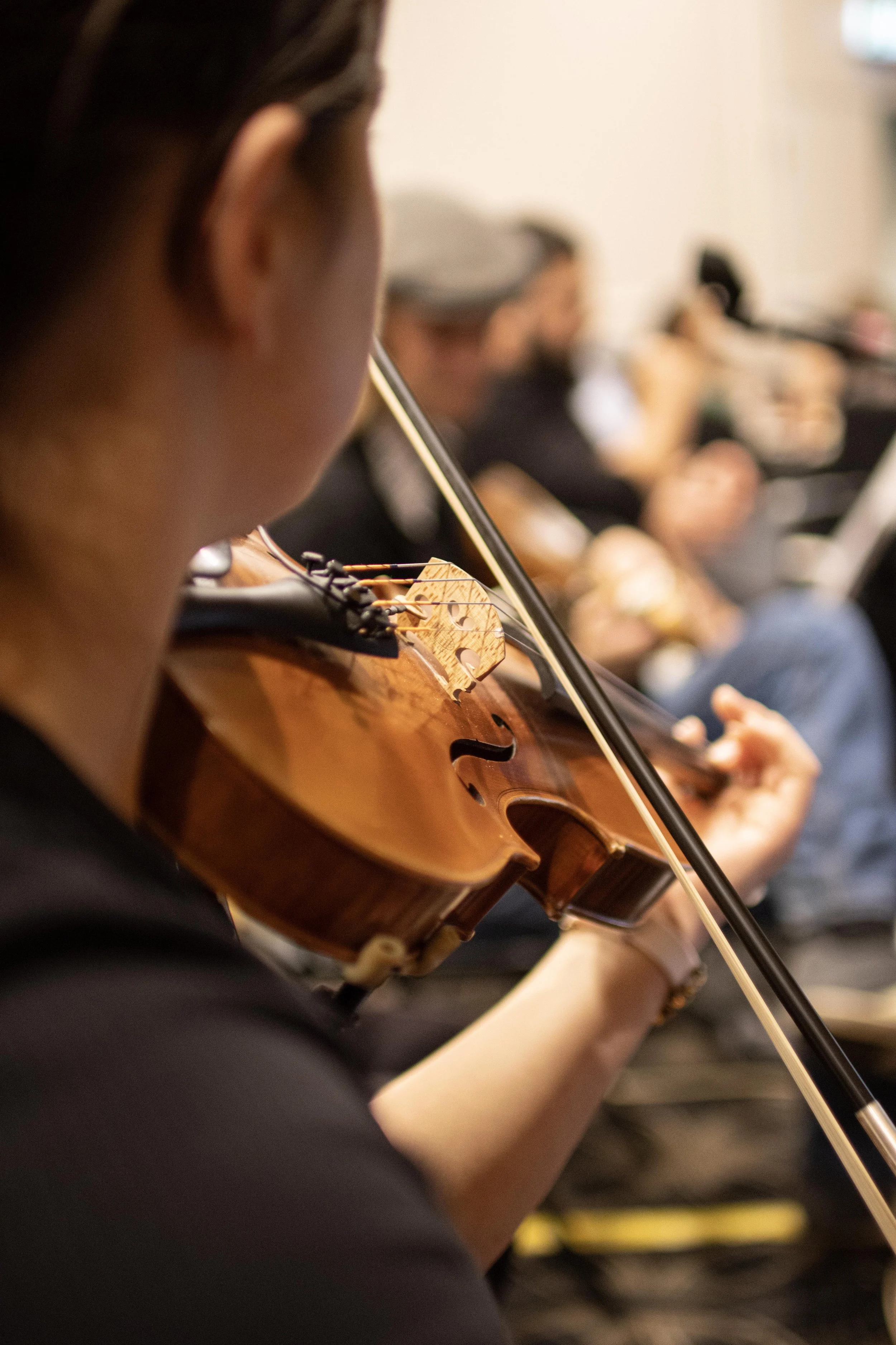 Close-up of a person playing the violin in an orchestra or band, with other musicians blurred in the background.
