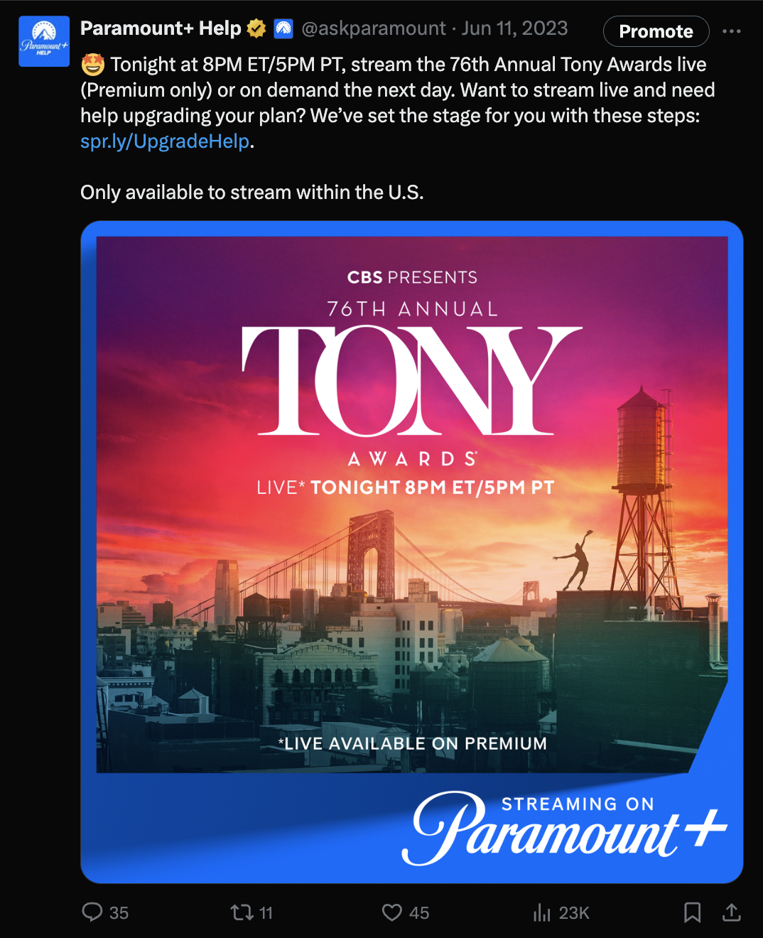 Promotional graphic for the 76th Annual Tony Awards, showing a city skyline with the Brooklyn Bridge and a sunset sky. Text indicates the event is live tonight at 8 PM on Paramount+ and is only available within the U.S. and live with a Premium plan.