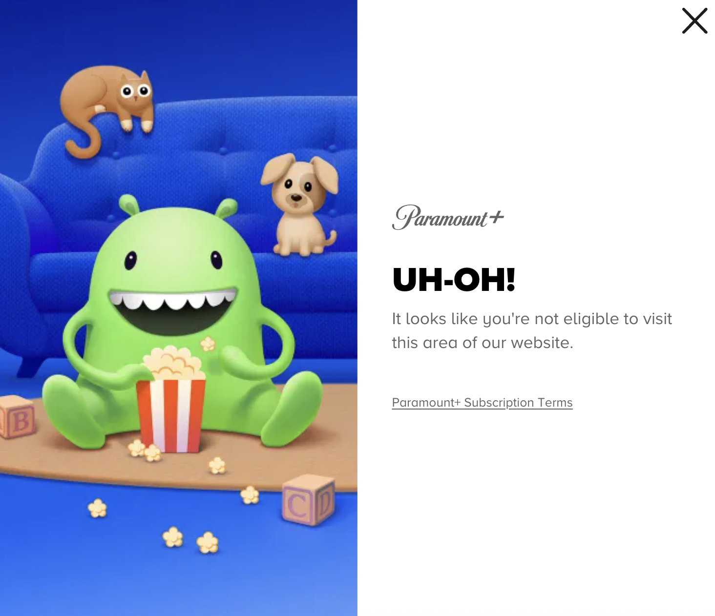 A cartoon image of a green monster with a big smile, holding a bucket of popcorn and sitting on the floor. Behind it is a blue sofa with a small brown cat on top and a small tan puppy beside it, with a blue background.