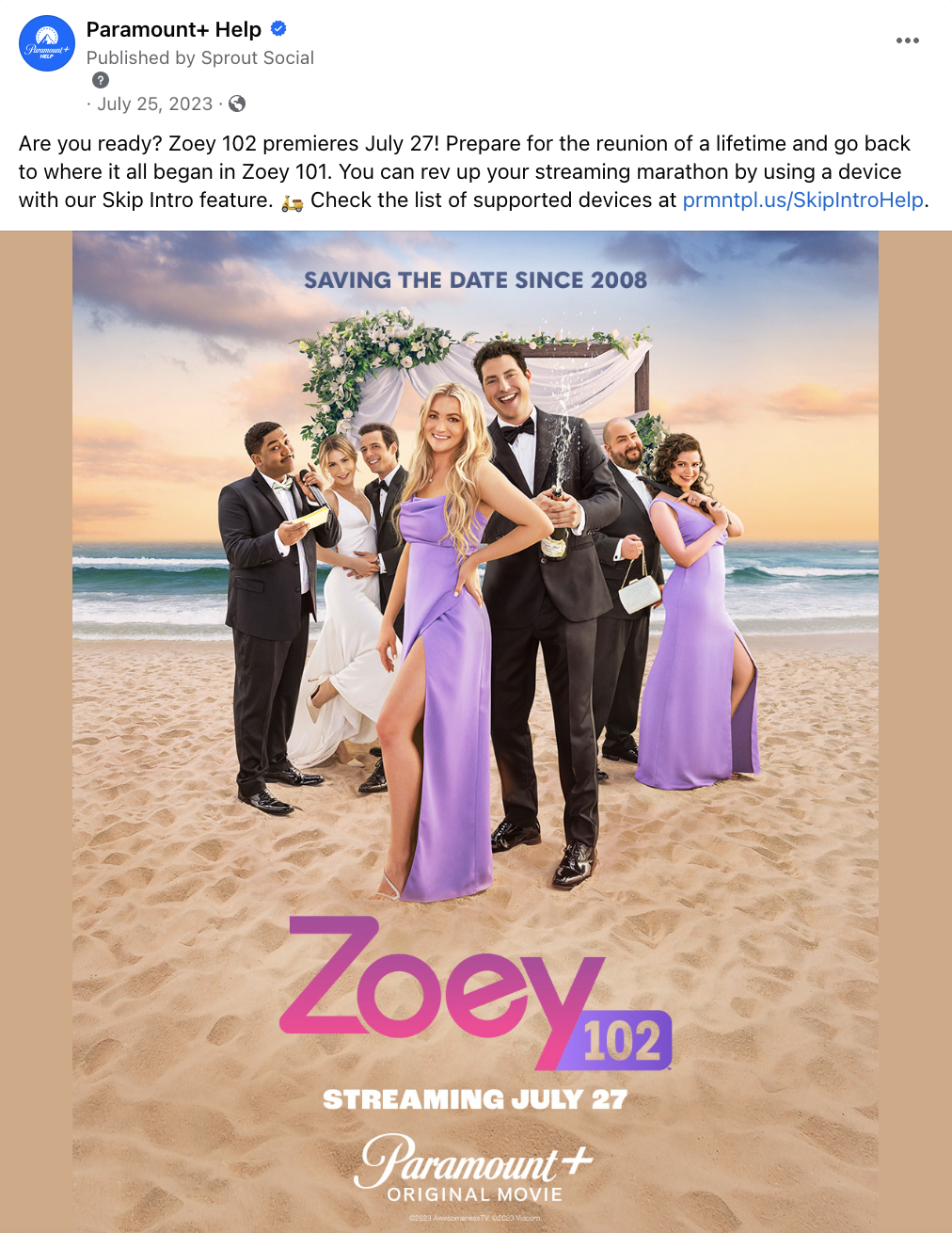 Promotional poster for the movie 'Zoey 102' featuring a group of young adults in formal attire on a beach at sunset, with a banner reading 'Saving the Date Since 2008' and text indicating the movie streams on July 27 on Paramount+.