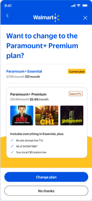 Walmart+ app screen showing options to upgrade to Paramount+ Premium plan, highlighting current plan and available upgrades with prices, titles, and features.