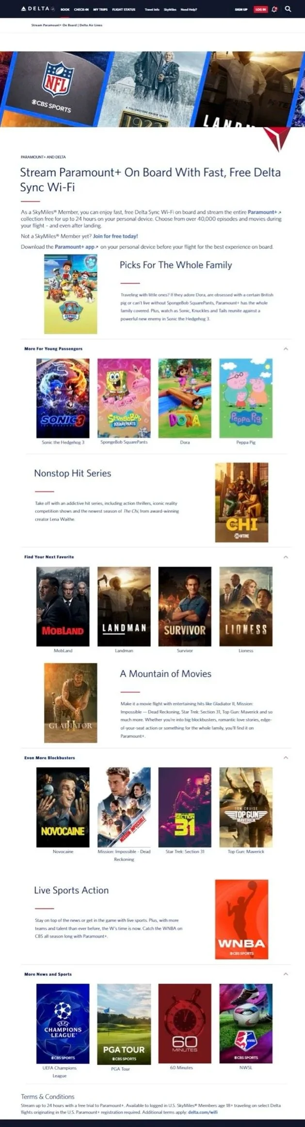 Screenshot of Delta Airlines' SkyMiles webpage advertising streaming Paramount+ on board with free Delta Wi-Fi, featuring various TV shows and movies suitable for families and general audiences.