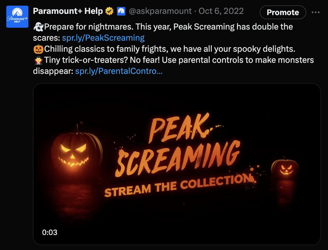 Dark background with glowing orange jack-o'-lanterns. In the center, orange text says 'PEAK SCREAMING' and below it 'STREAM THE COLLECTION.' Caption is a fun poem promoting the collection and parental controls.