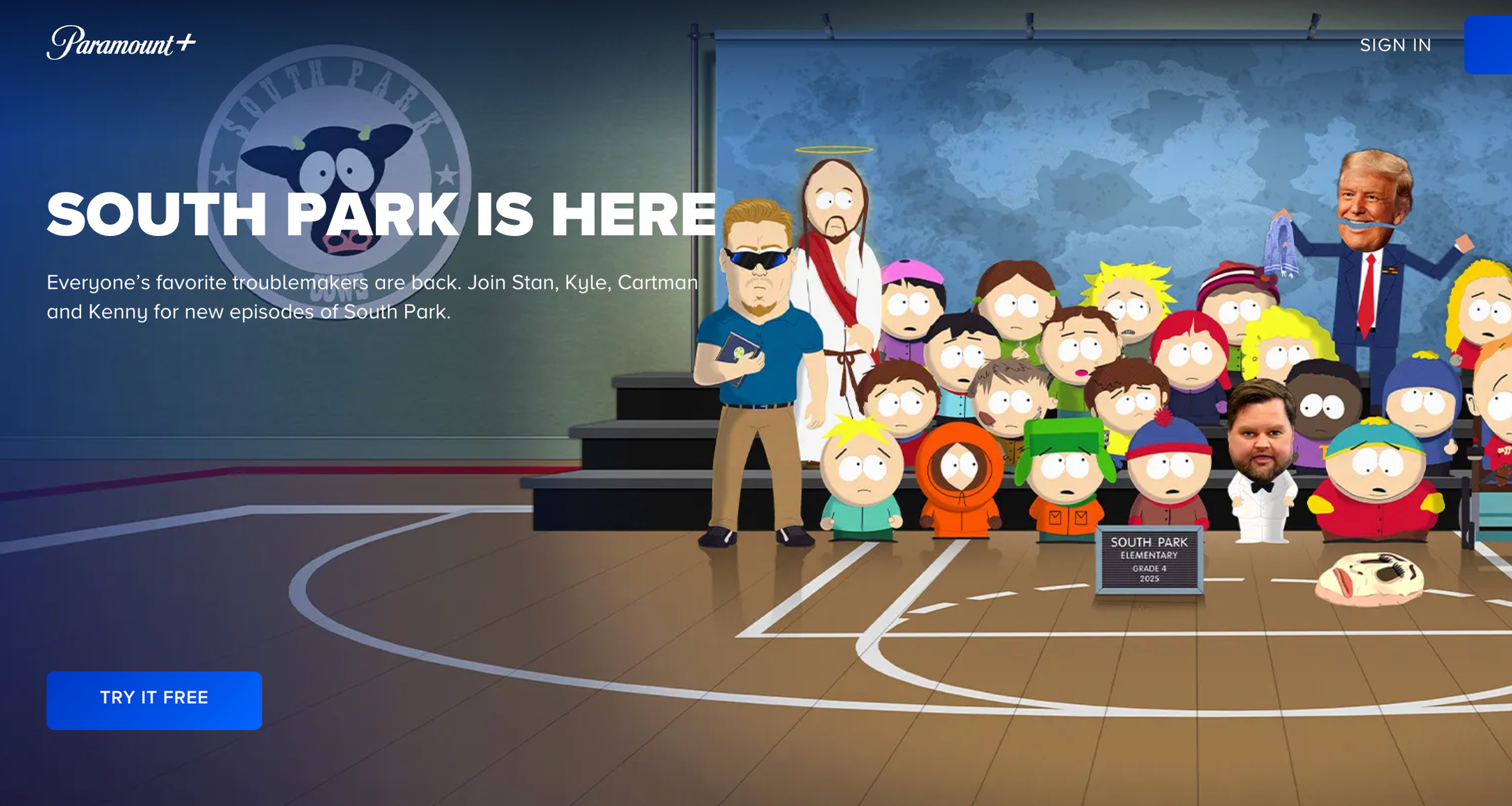 Animated group photo of characters from South Park on a basketball court, with text overlay promoting new episodes on Paramount+ and the option to 'Try It Free.'