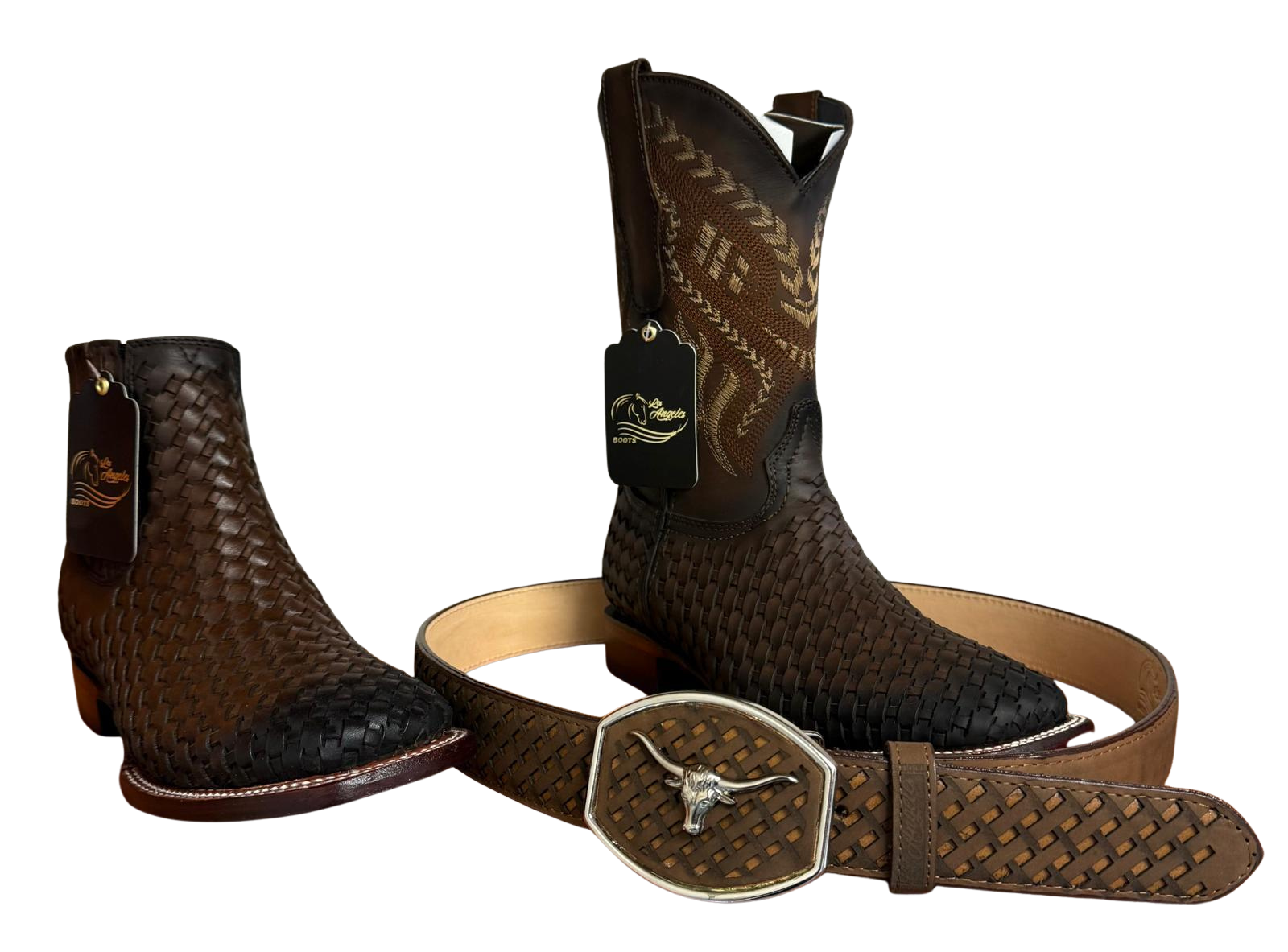 Los Angeles Boots Light Brown Woven Boots with Matching Belt Bundle