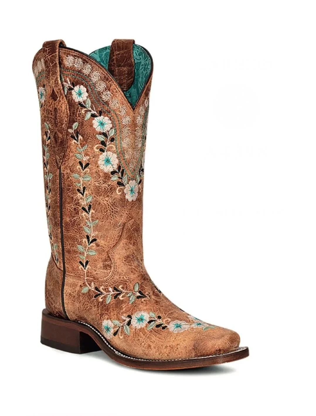 Corral Distressed Floral Embroidery Boots