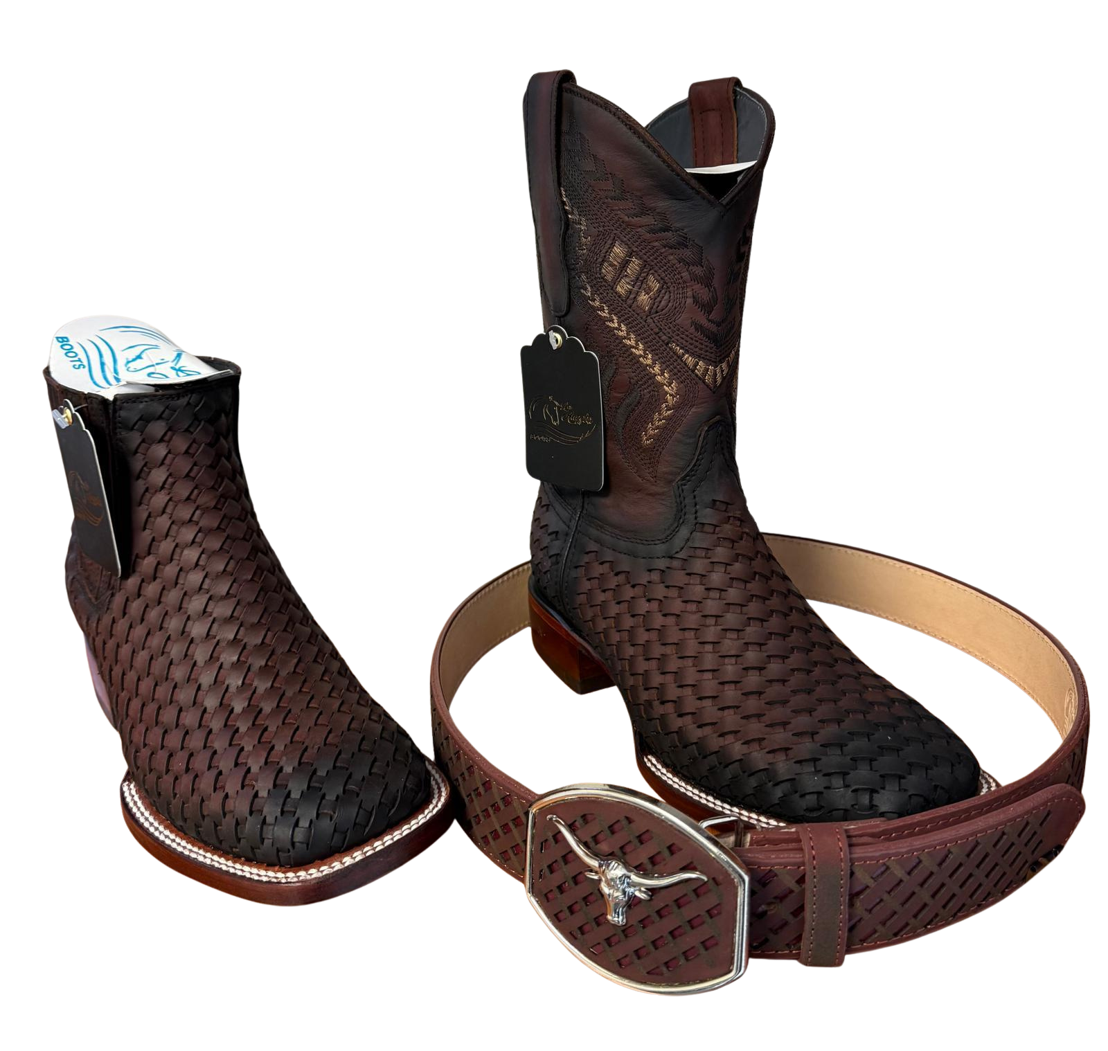 Los Angeles Boots Dark Brown Woven Boots with Matching Belt Bundle