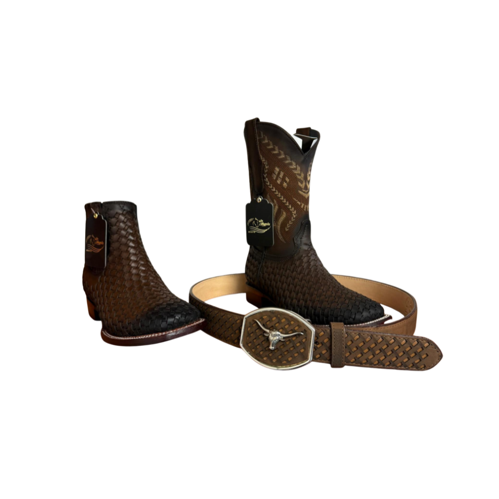 Los Angeles Boots Light Brown Woven Boots with Matching Belt Bundle