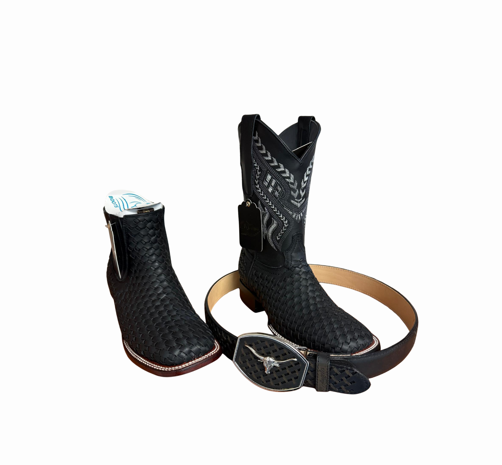 Los Angeles Boots Black Woven Boots with Matching Belt Bundle