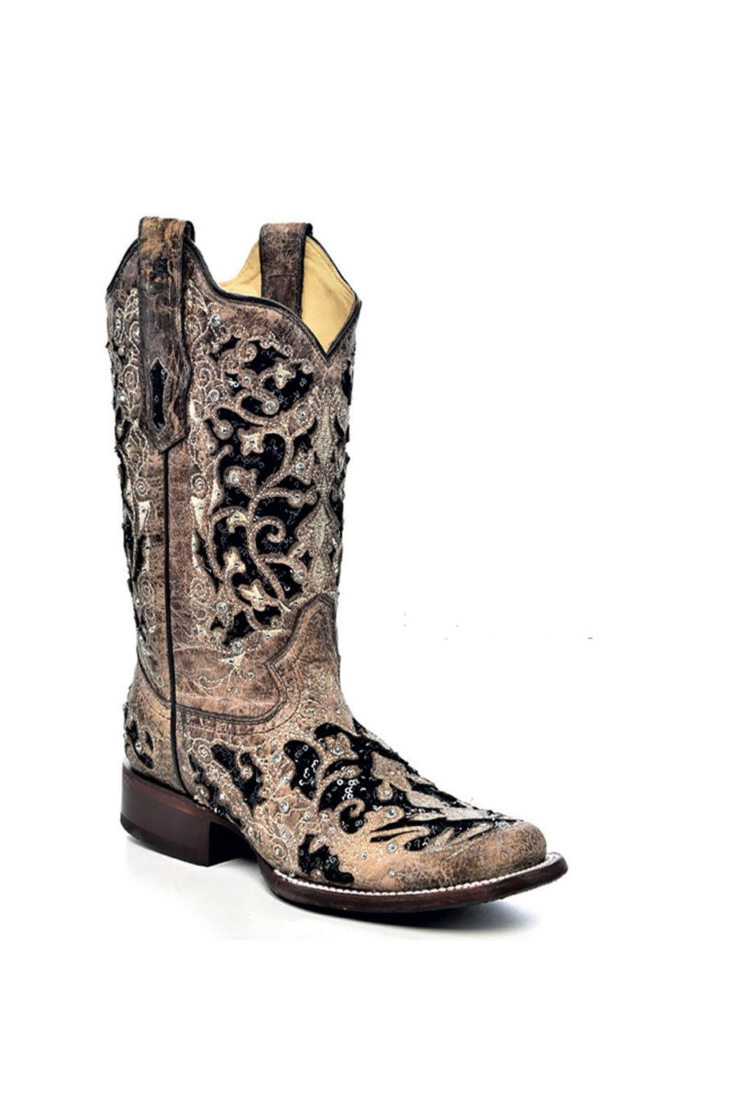 Corral Brown Inlay Studded and Crystalled Boots with Floral Embroidery