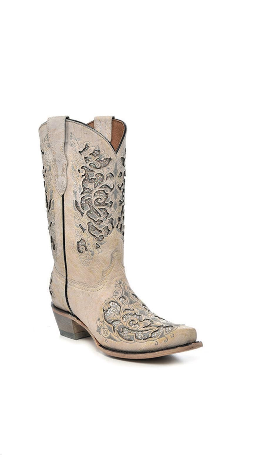 Corral Teen's White Boots with Glitter Inlay