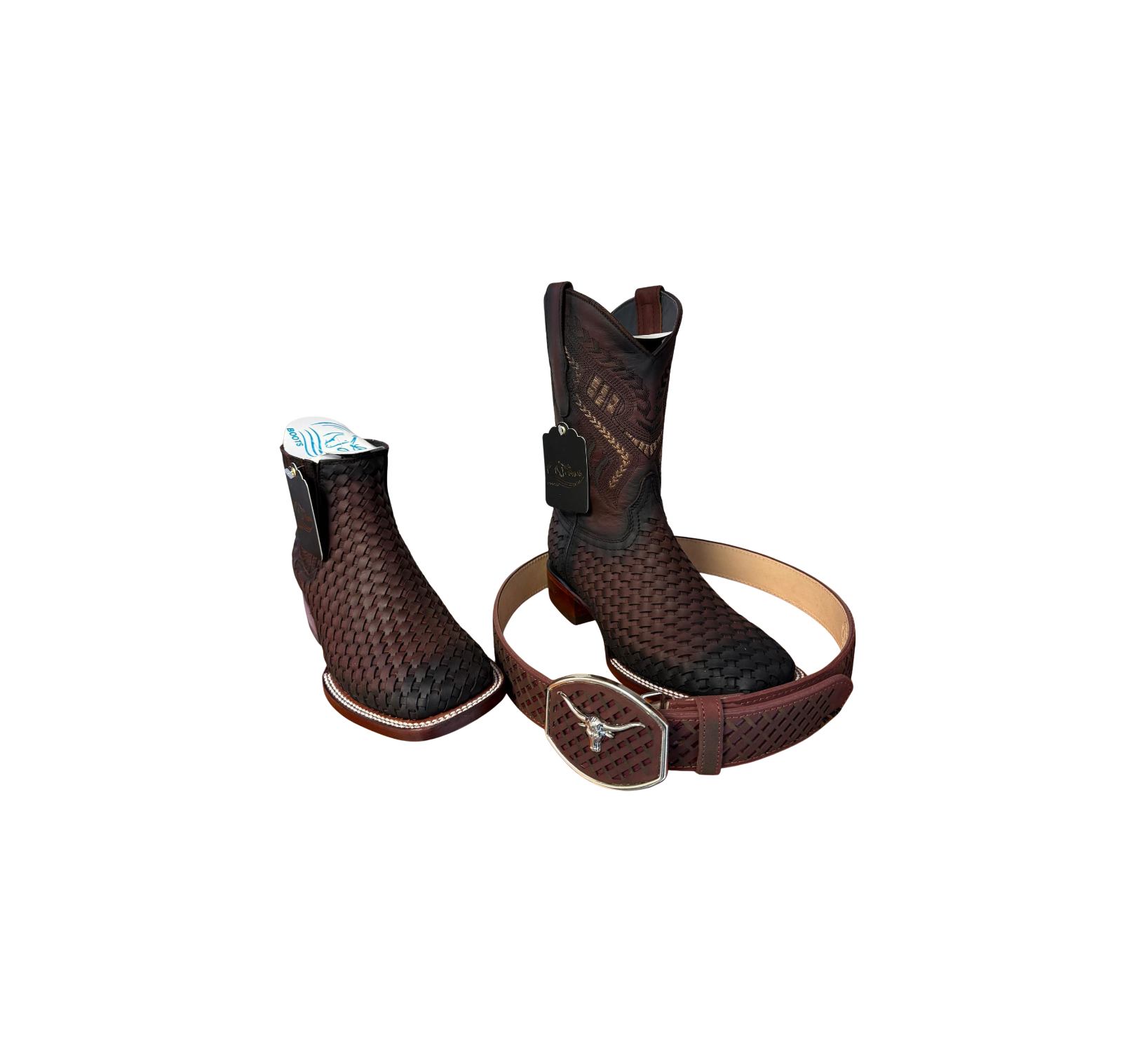 Los Angeles Boots Dark Brown Woven Boots with Matching Belt Bundle