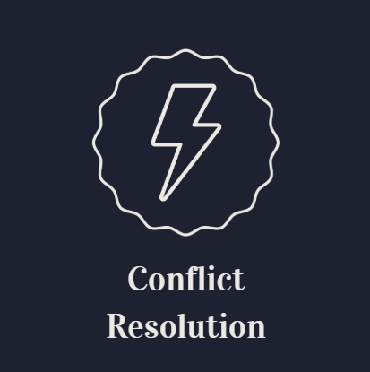 A white lightning bolt inside a circle with a scalloped edge on a dark background, with the words "Conflict Resolution" beneath it.