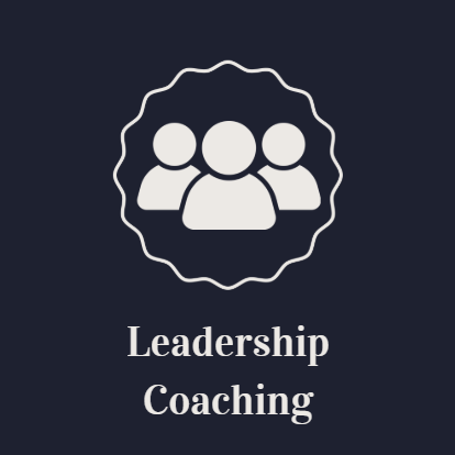Icon of three people with a wavy circle border above the text 'Leadership Coaching' on a dark background.