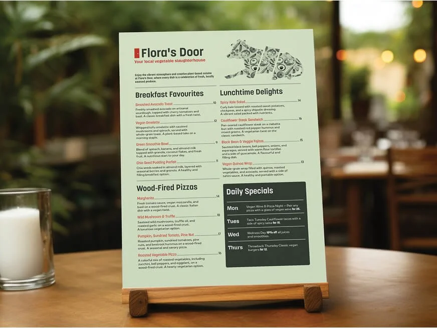 Restaurant menu on easel surrounded by foliage