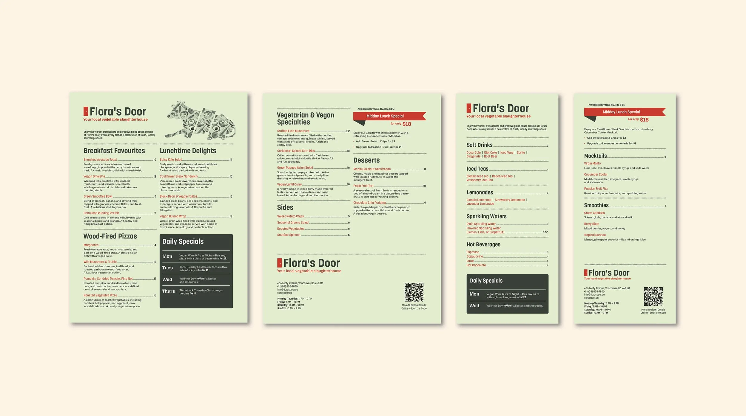 Menu design layouts displayed on cream background