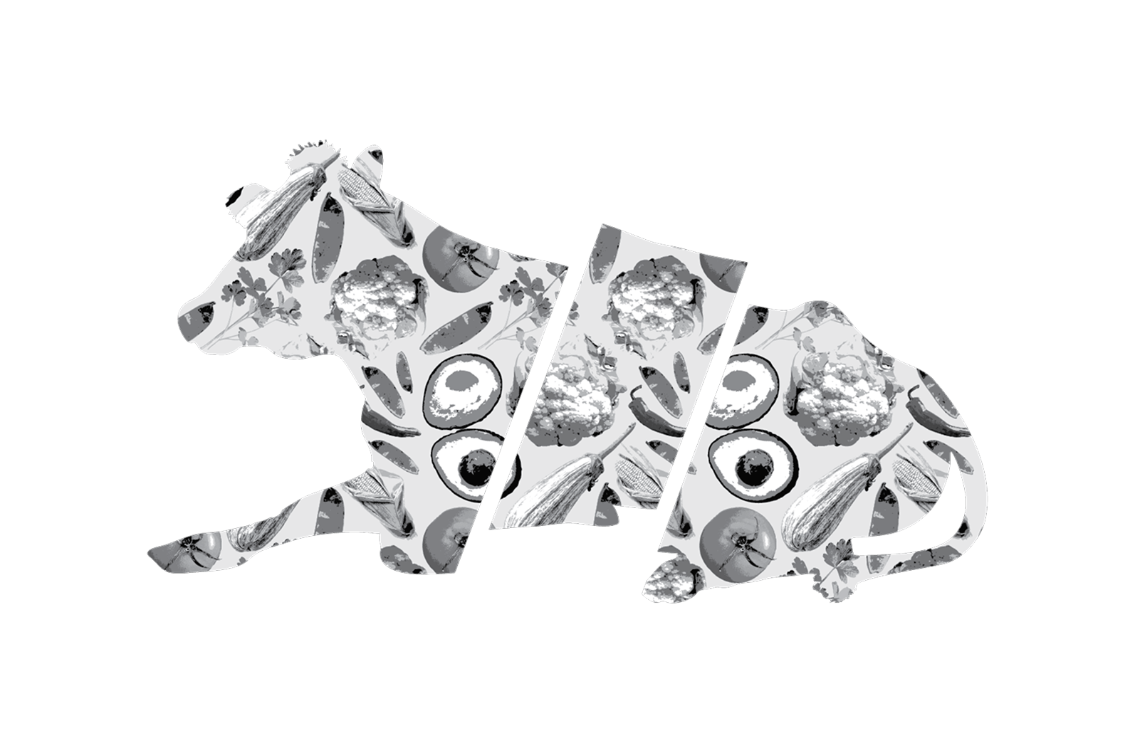 Black and white image of a collage-style cow