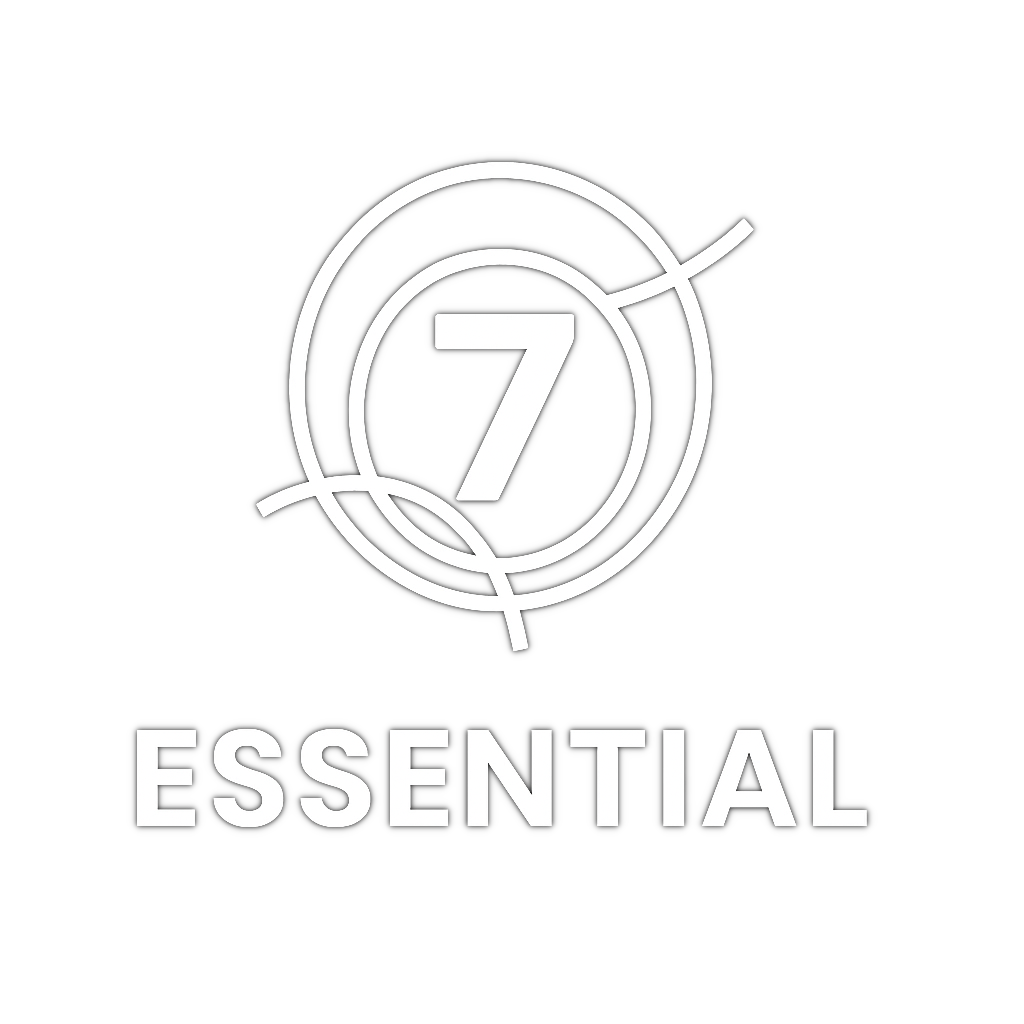The image features a black background with a white circular design and the number 7 in the center. The word 'ESSENTIAL' is written below the design in white capital letters.