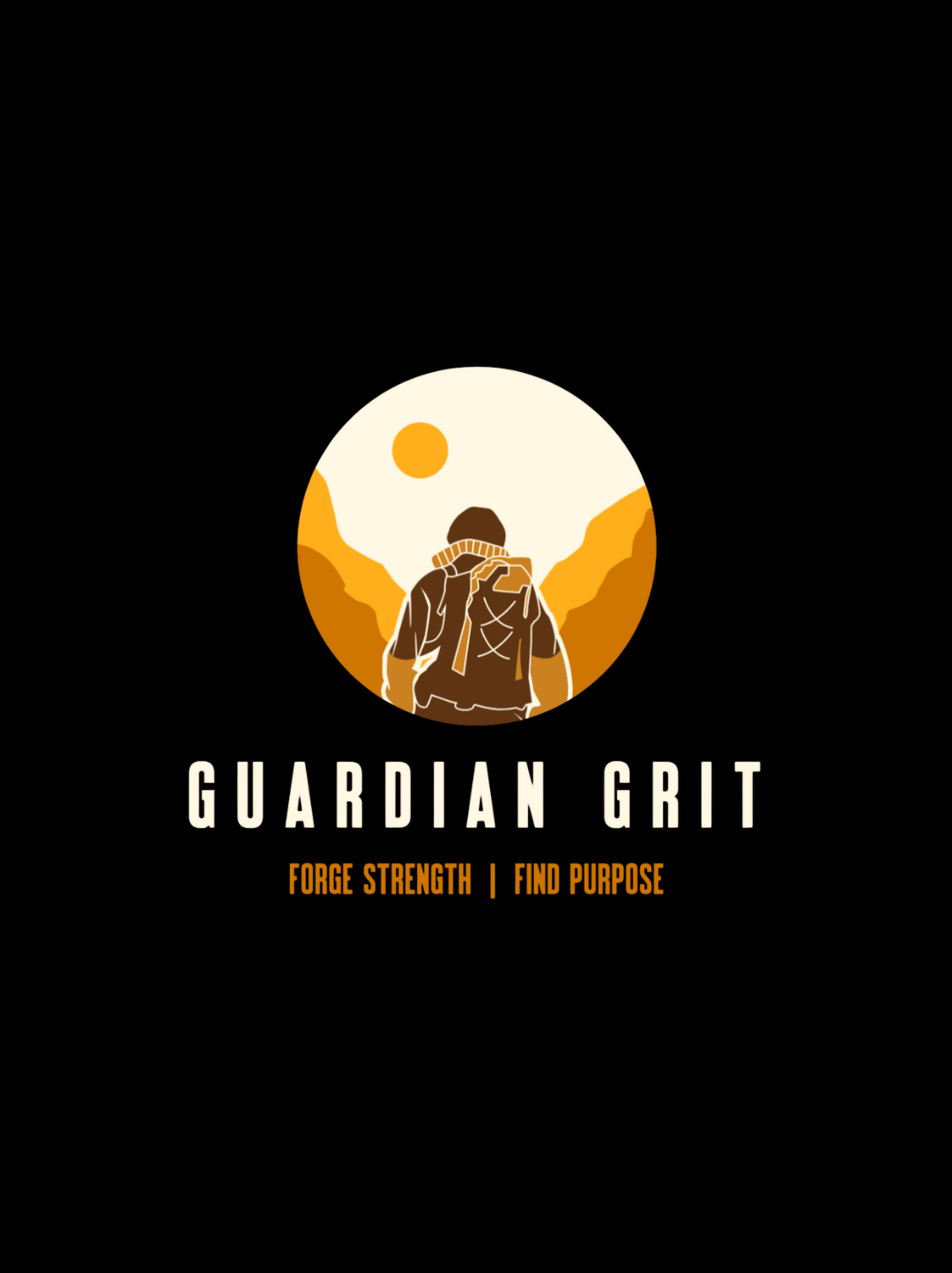 Illustration of a person with a backpack standing on a mountain trail in a desert landscape with mountains and a sun in the background. The text reads 'Guardian Grit' and 'Forge Strength | Find Purpose'.