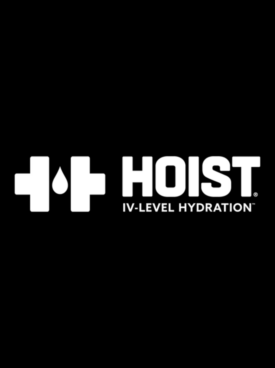 Black background with white logo of a water droplet and dumbbell, text reads 'HOIST IV-LEVEL HYDRATION'.