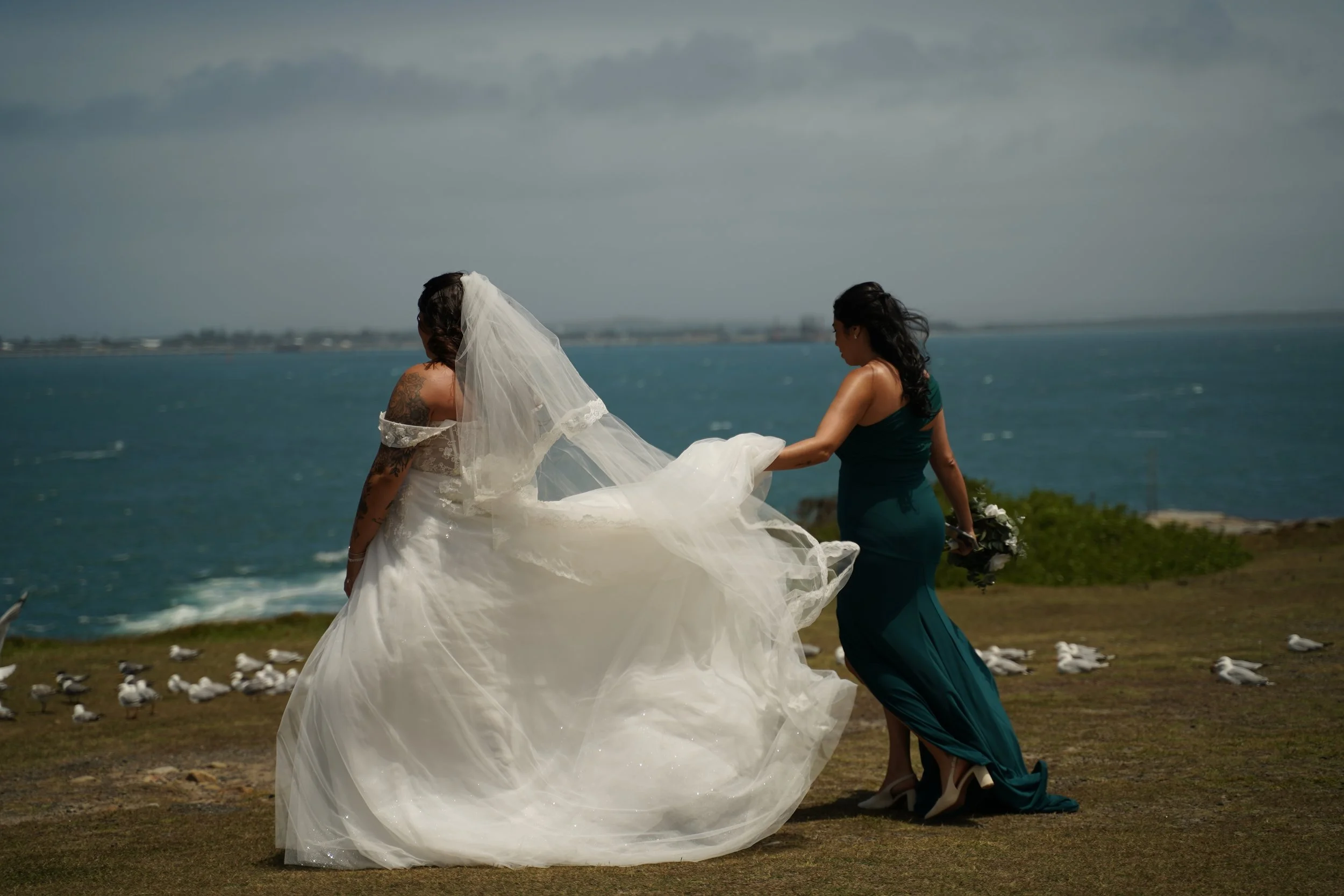 A bride in a white wedding dress and veil holding hands with a bridesmaid in a teal dress by the water, with seagulls on the ground nearby.