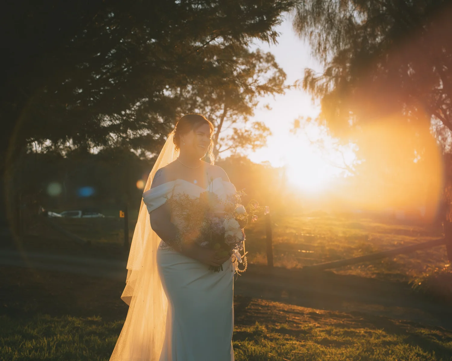 Bride glowing in the sunset light