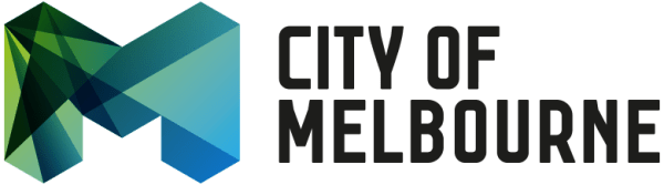 Logo of the City of Melbourne featuring a geometric design in shades of green and blue next to black text