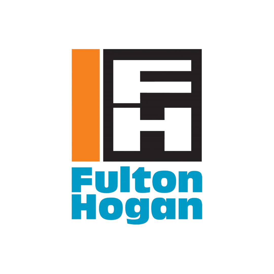 Close-up of a logo featuring a stylized letter 'F' and 'H' in gray and black within a black square, with the name 'Fulton Hogan' in bold blue text underneath.