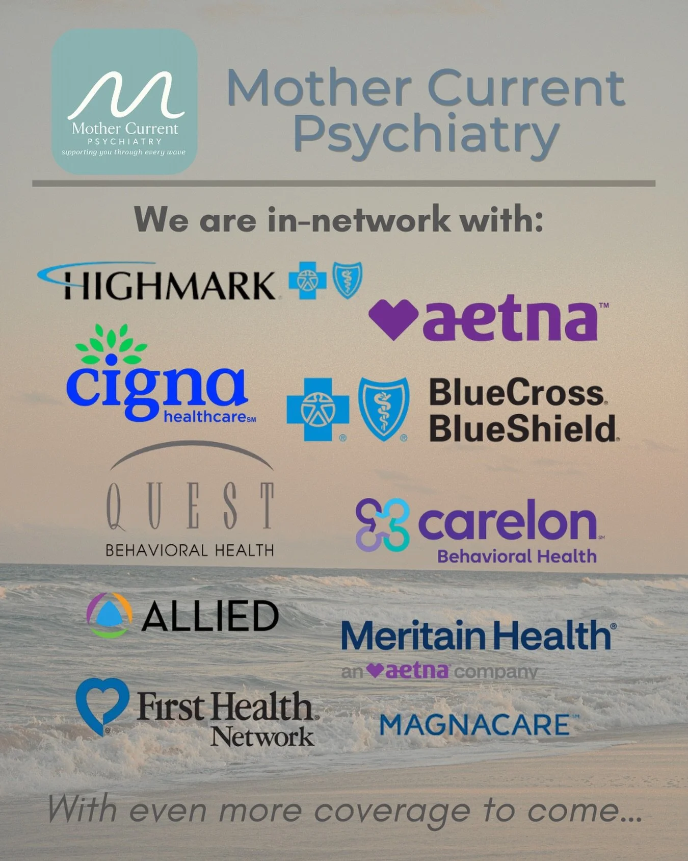 Access to care shouldn&rsquo;t be the barrier. We&rsquo;re in-network with multiple commercial insurance plans and continually expanding to better support the mental health needs of moms and women in both Delaware &amp; Maryland.
&bull;
Self-pay opti