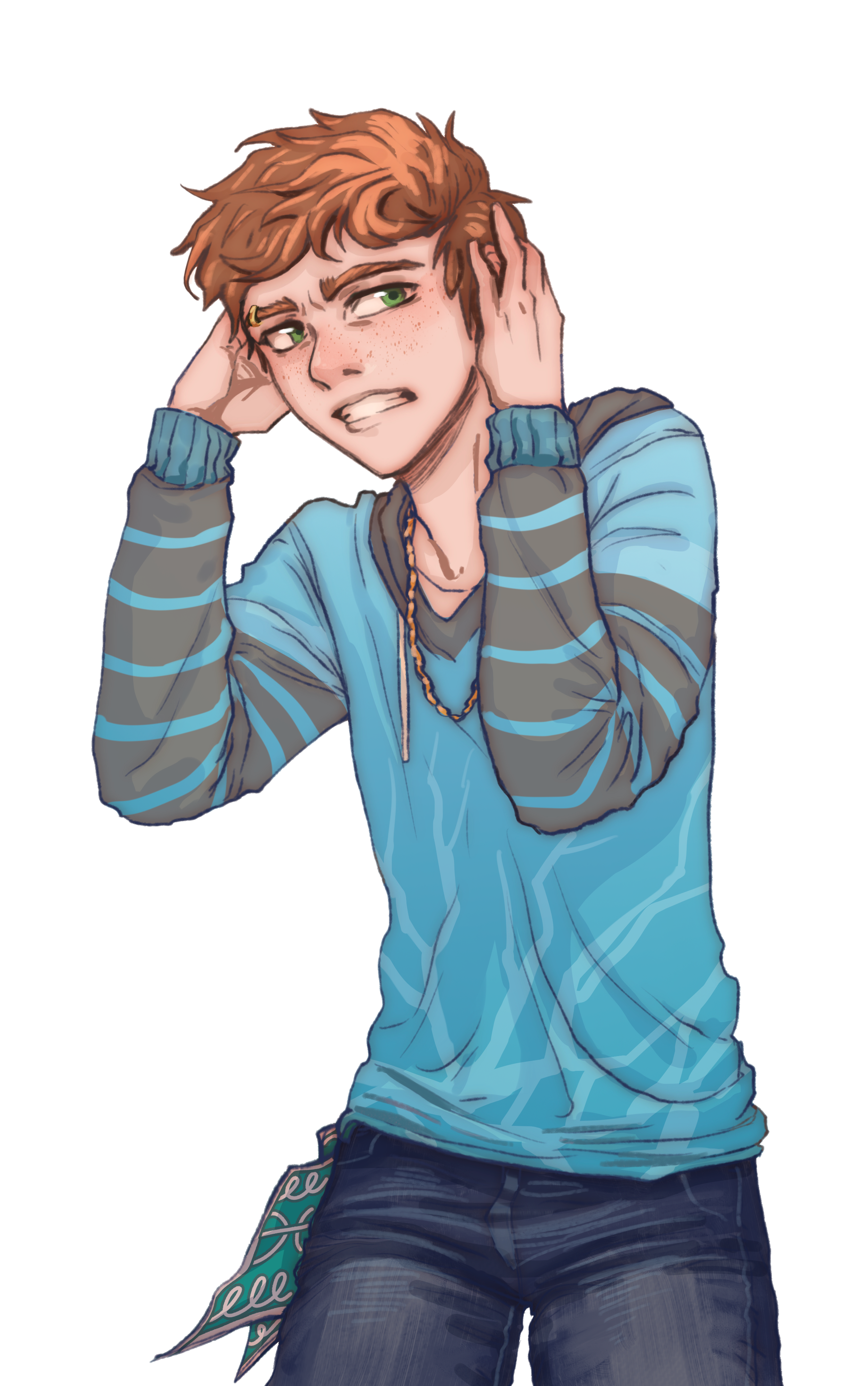 Illustration of a young man with short, messy brown hair, wearing a blue striped hoodie, holding his head with a distressed expression.