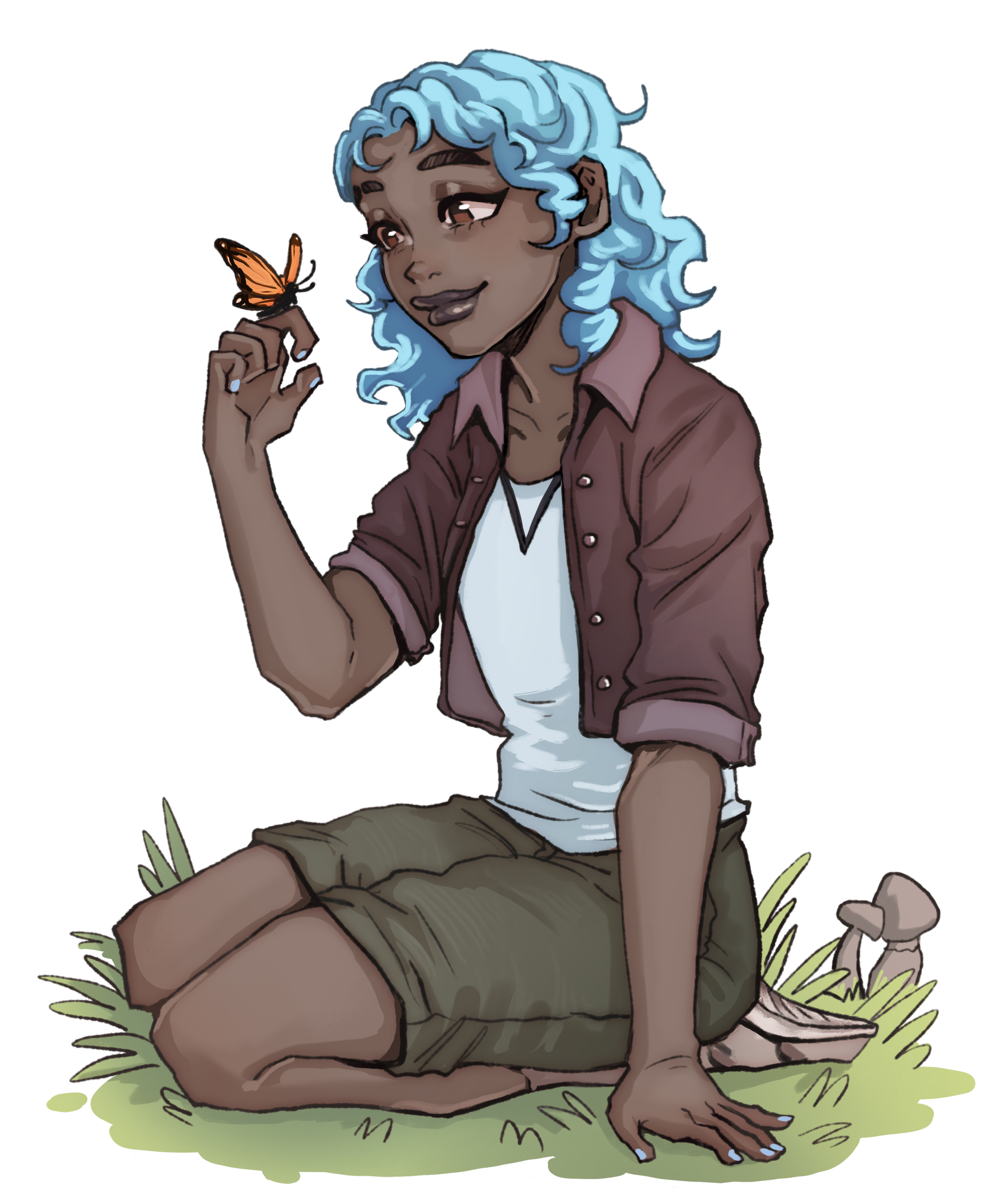 Cartoon illustration of a person with blue curly hair sitting cross-legged on grass, holding a butterfly near their face and smiling.