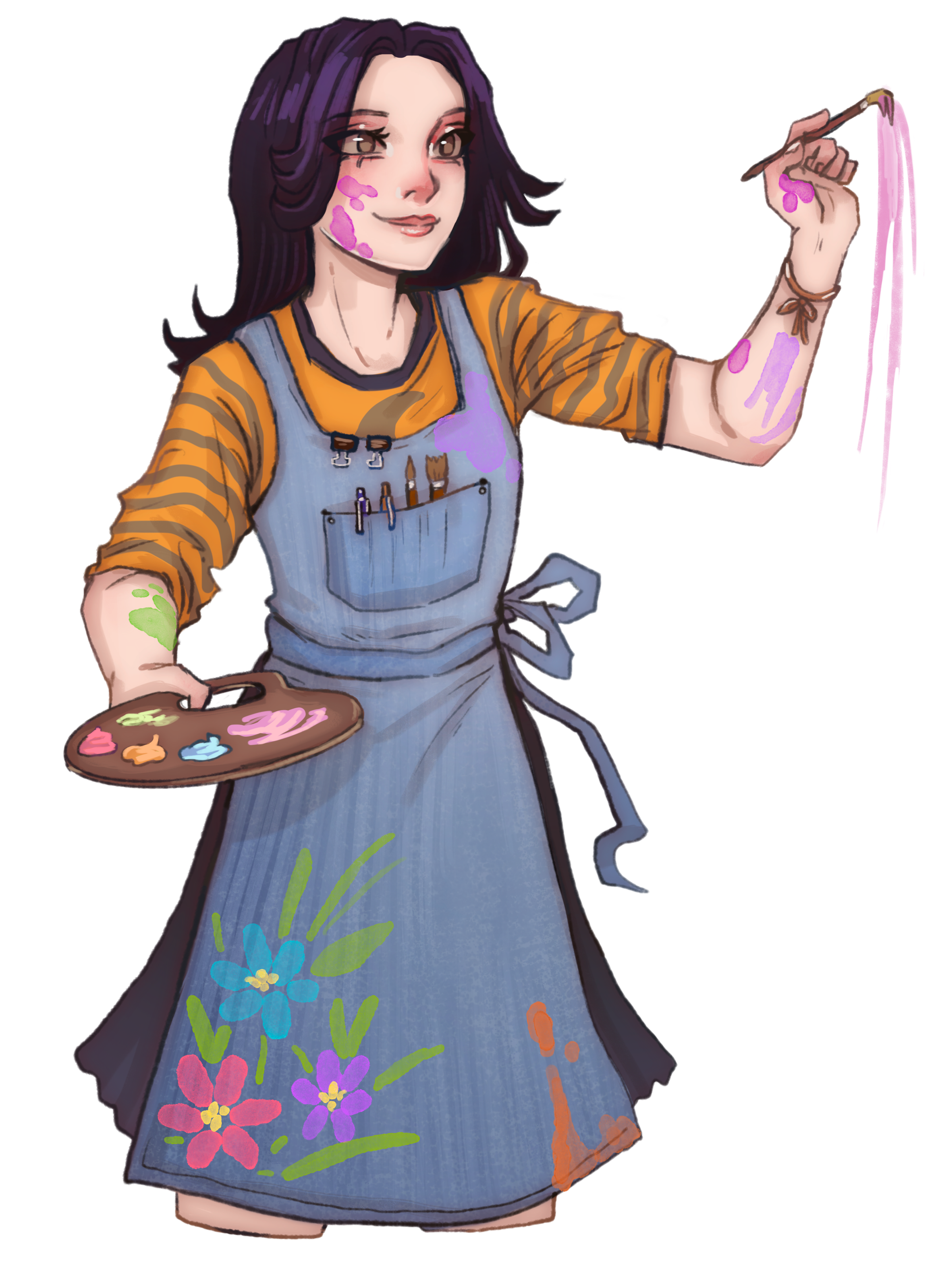 A digital illustration of a young woman with purple hair, light skin, and warm brown eyes. She is smiling and holds a paintbrush with pink paint dripping from it. She has purple paint splatters on her face and arms, and is wearing a yellow and black striped shirt beneath a light blue apron with a large floral design. The apron has art supplies in the pocket, and she appears to be an artist.