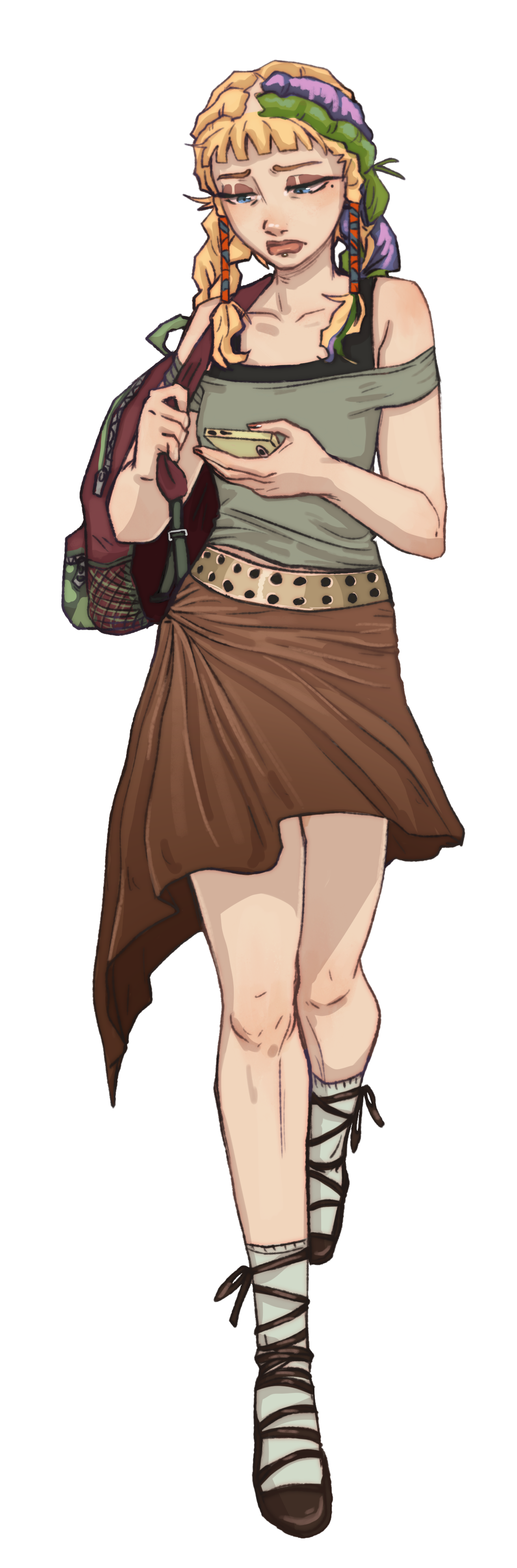 An animated young woman with colorful braided hair, wearing a green off-shoulder top, a brown asymmetrical skirt, and lace-up sandals, carrying a backpack, and looking at her phone with a worried expression.
