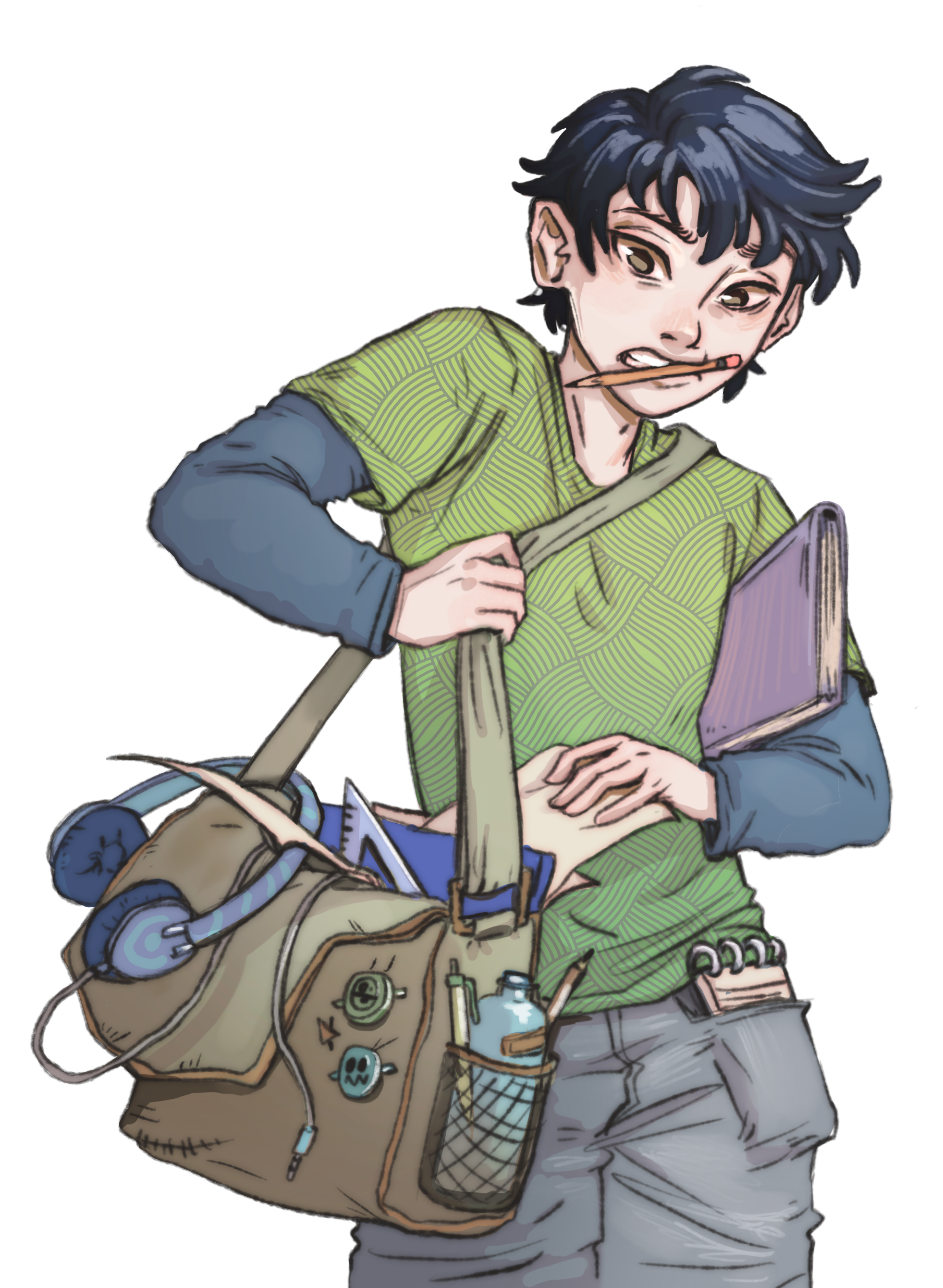 A young person with dark, messy hair and elf-like ears is carrying a large tan bag with patches and pins, a spray bottle, and a pouch attached. They are wearing a green patterned hoodie over a long-sleeve shirt and gray pants, holding a tablet in one hand, with a pencil in their mouth.